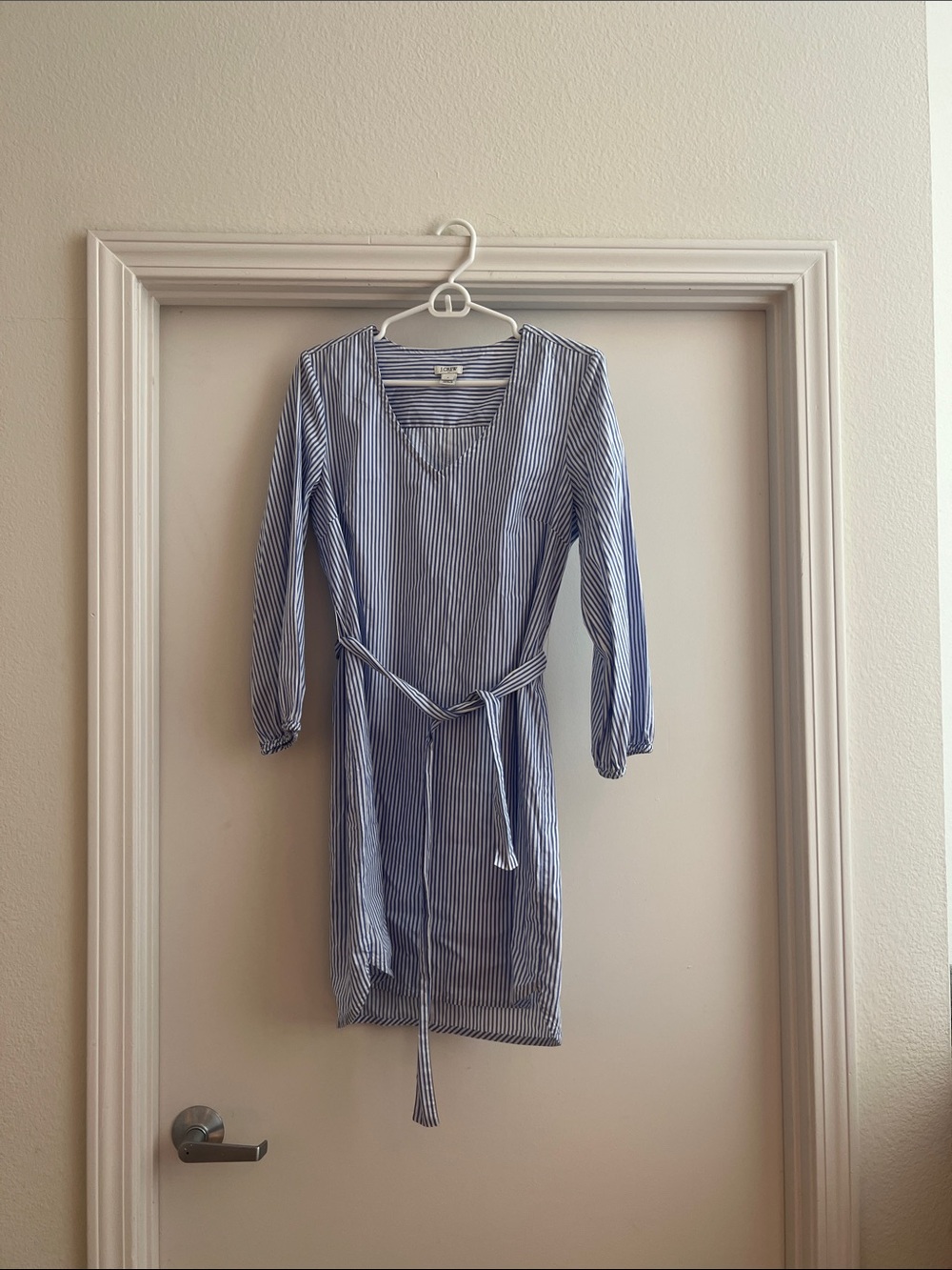 J. Crew Factory Blue and White Striped Tie-Waist Dress